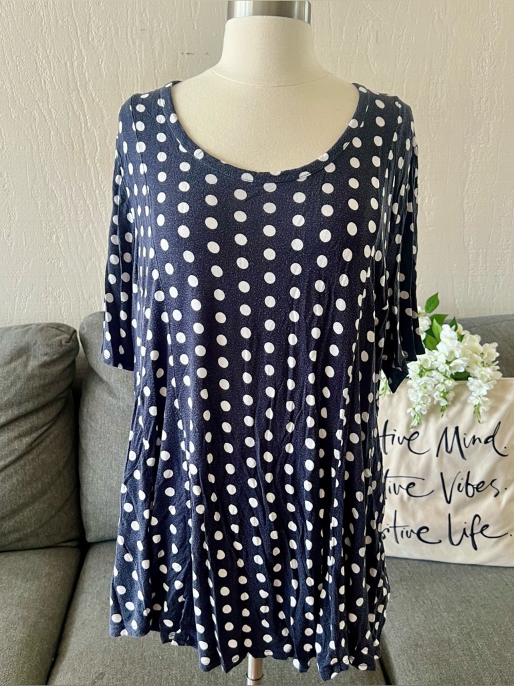 Lane Bryant Navy and White Polka Dot Blouse